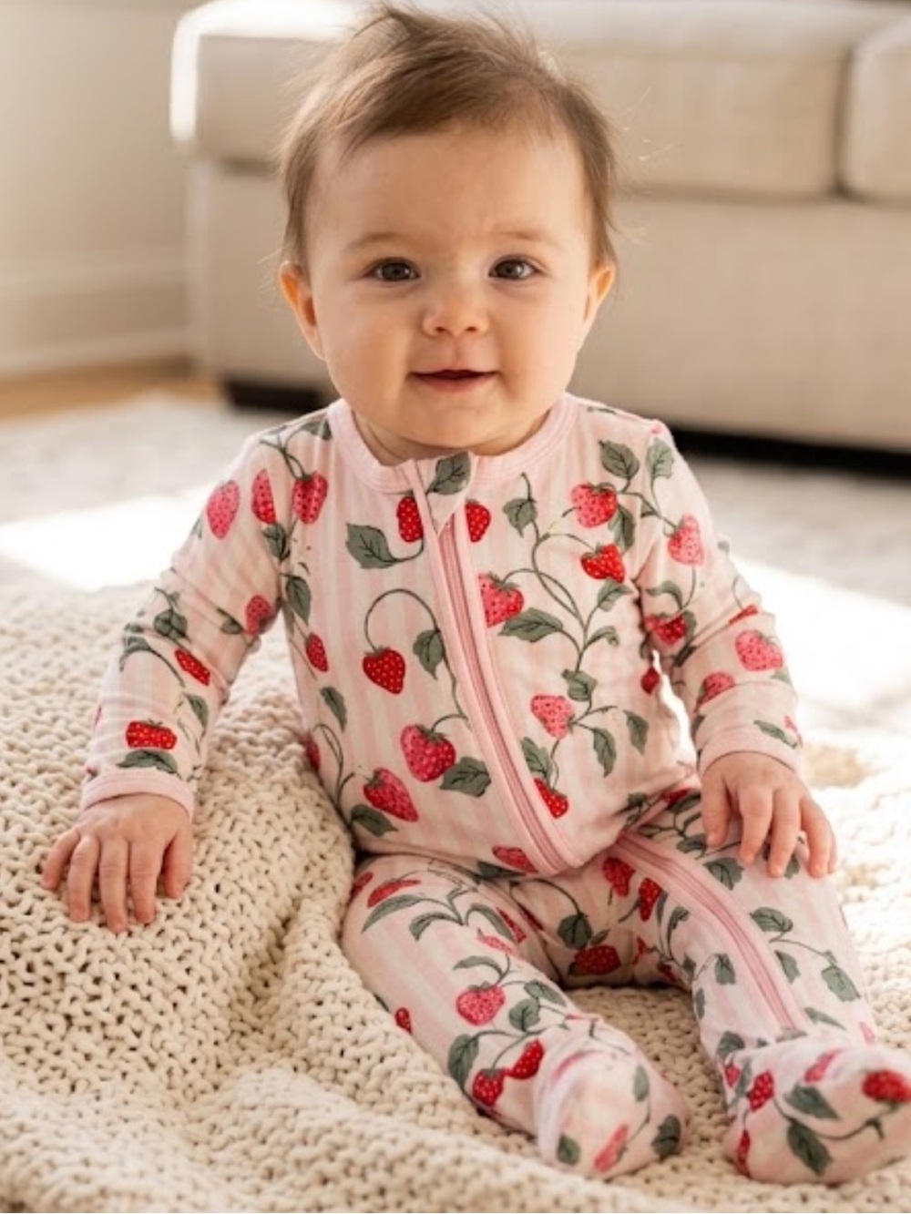 Kyte BABY Pink & Red Strawberry Zip One-Piece Footie